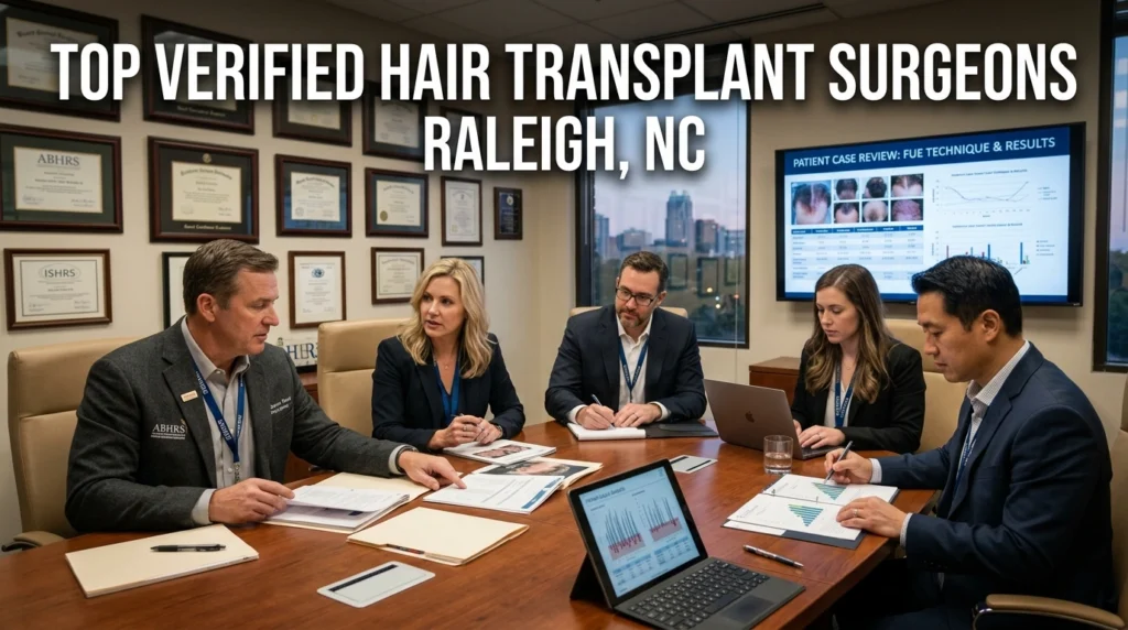 Group of board-certified hair transplant surgeons reviewing medical cases in professional clinic conference room in North Carolina