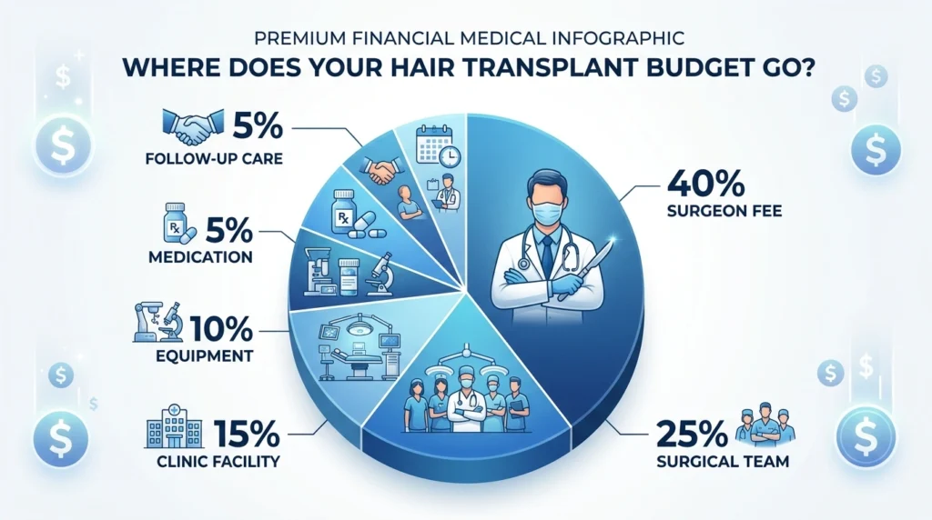 Infographic showing how hair transplant costs are divided among surgeon fees, clinic expenses, medical staff, medications, equipment, and follow-up care.