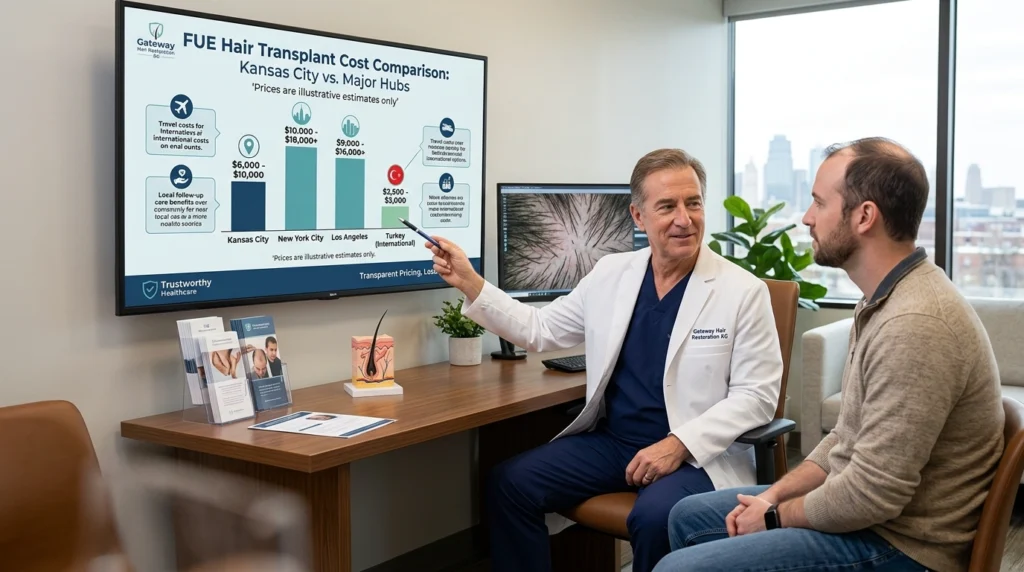Hair Transplant Kansas City cost comparison chart showing FUE and FUT pricing versus New York, Los Angeles, and Turkey clinics in 2026