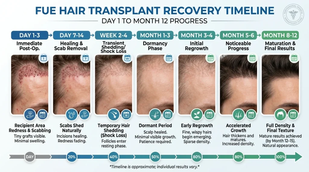 Hair transplant recovery timeline after FUE procedure showing scalp healing and hair growth progress from month 1 to 12