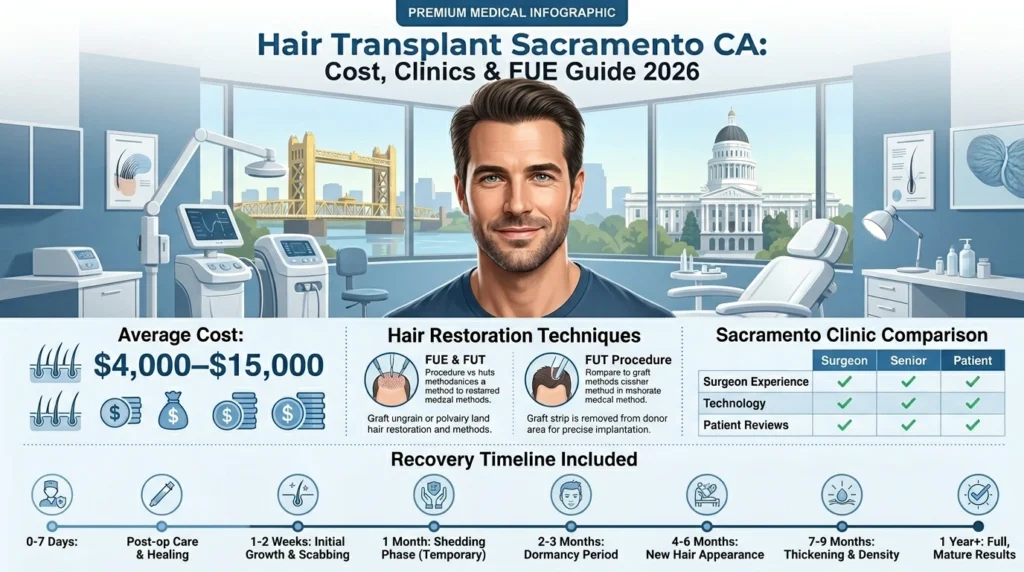 Hair transplant Sacramento CA guide showing treatment costs, FUE procedures, hair restoration options, and Sacramento clinic information.