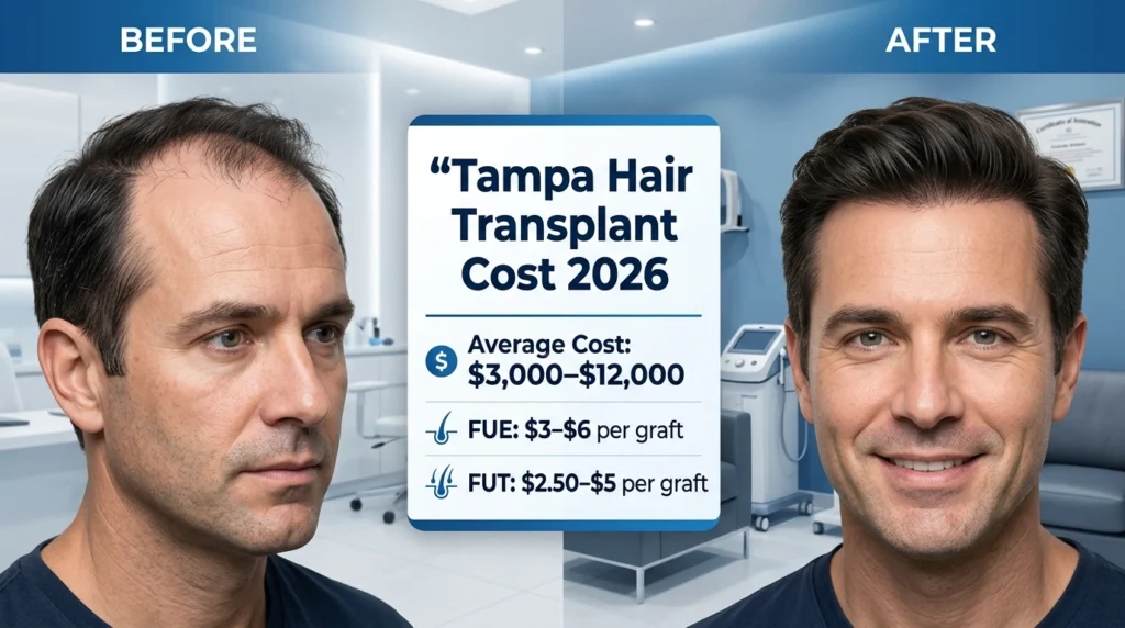 Hair transplant Tampa FL cost guide 2026 showing FUE and FUT pricing, graft costs, and before after hair restoration results