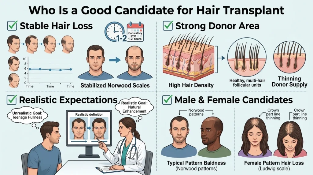 Hair transplant candidate guide showing donor hair requirements, stable hair loss patterns, and eligibility factors.