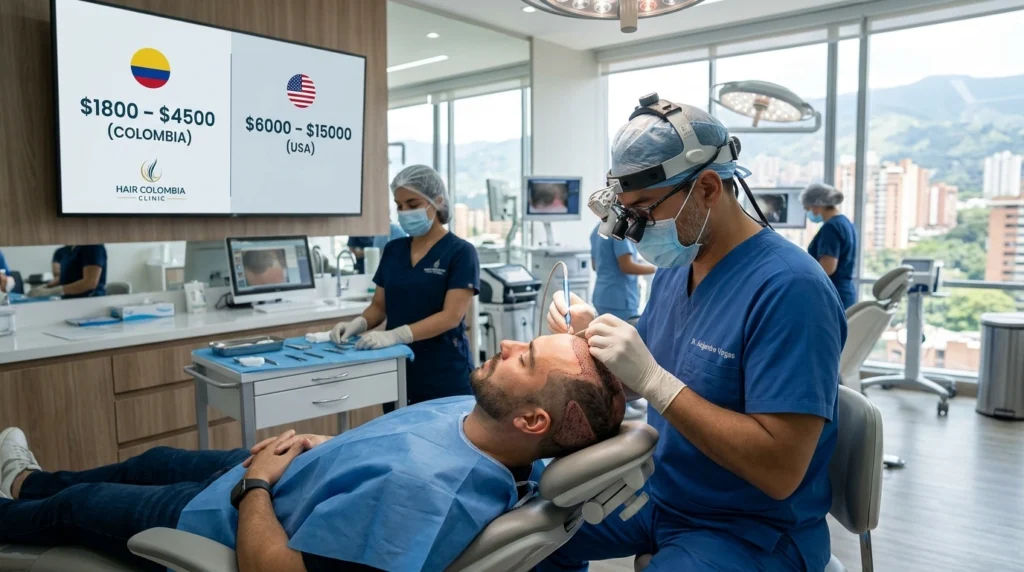 Hair transplant clinic in Colombia performing FUE procedure with surgeon designing natural hairline, cost comparison USA vs Colombia medical tourism concept