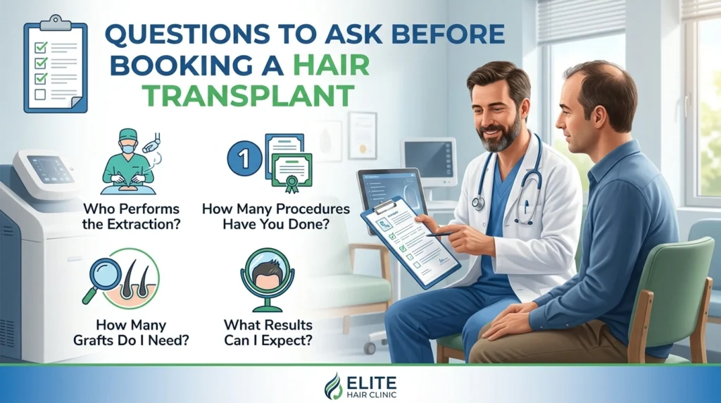 Hair transplant consultation checklist showing important questions about grafts, surgeon experience, costs, and treatment plans.