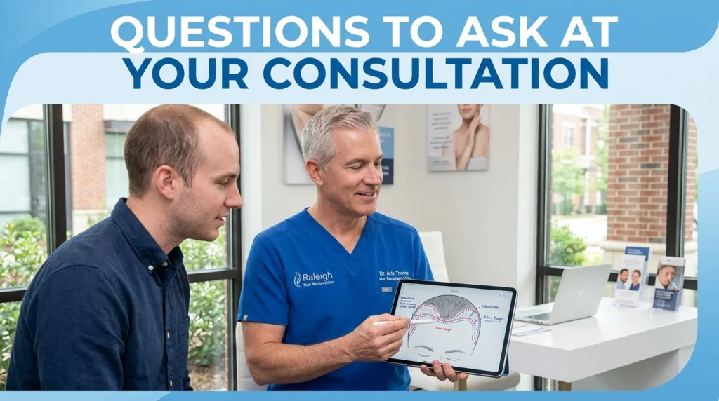 Hair transplant consultation in Raleigh NC clinic where patient discusses graft planning and hairline design with surgeon in modern medical office
