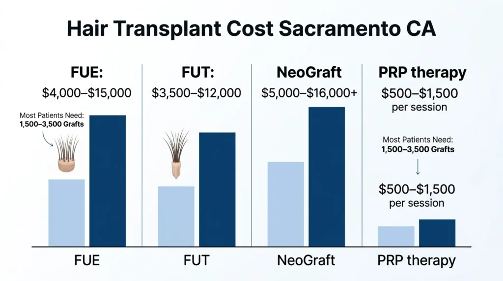 Hair transplant cost Sacramento CA comparison showing FUE, FUT, NeoGraft, and PRP treatment price ranges.