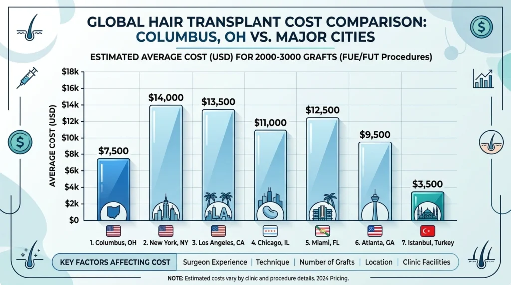 Hair transplant cost comparison between Columbus Ohio New York Los Angeles Chicago Miami and Istanbul Turkey showing price differences