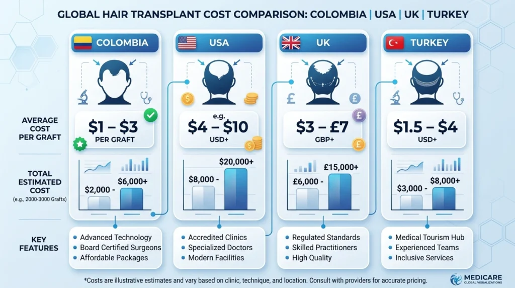 Hair transplant cost comparison chart Colombia vs USA vs Turkey showing FUE FUT DHI pricing breakdown per graft 2026