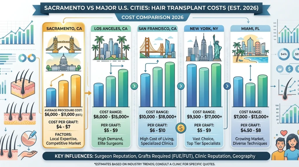 Hair transplant cost comparison chart showing Sacramento, Los Angeles, San Francisco, New York, Miami, and other major cities.