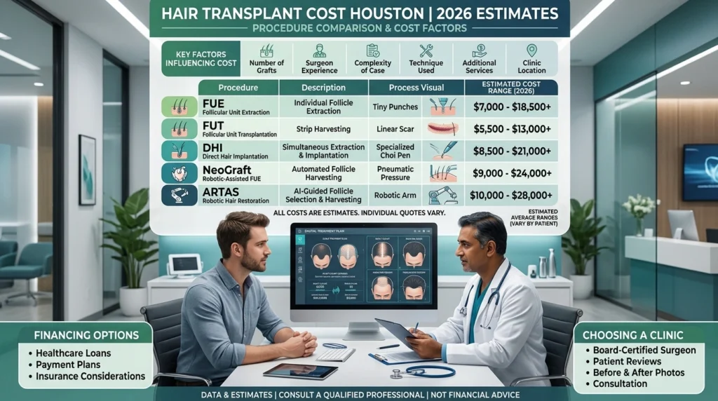 Hair transplant cost comparison infographic in Houston showing pricing differences between FUE, FUT, DHI, NeoGraft, and ARTAS procedures.