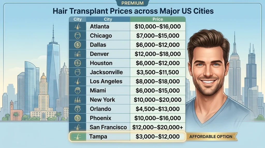 Hair transplant cost comparison infographic showing Tampa, Miami, New York, Los Angeles, and other US cities