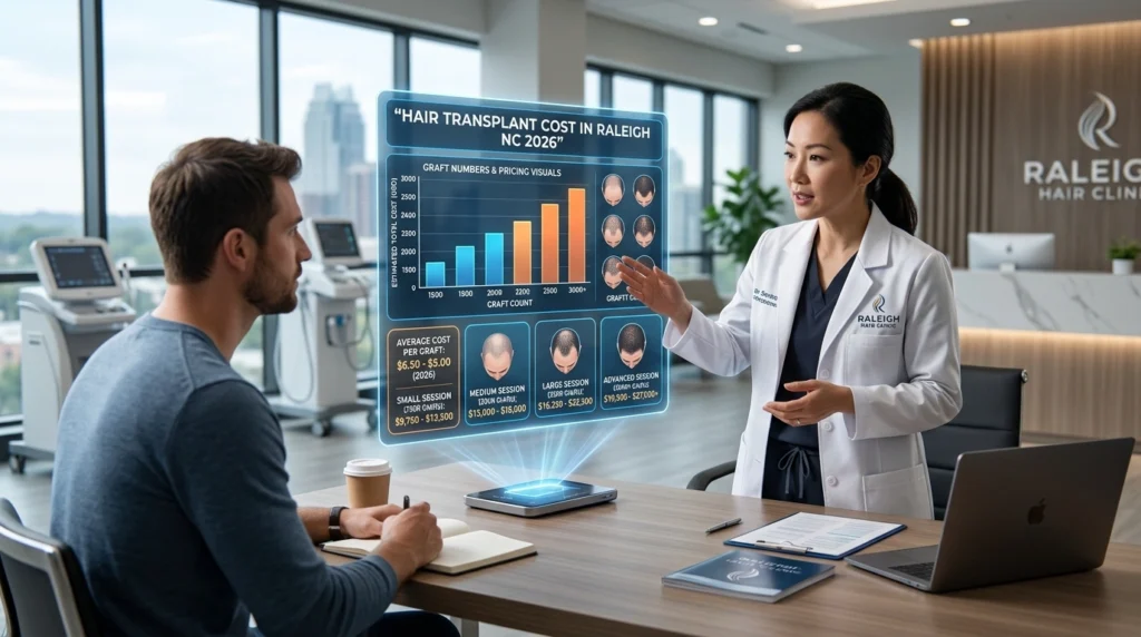Hair transplant cost discussion in Raleigh clinic showing surgeon explaining pricing breakdown and graft count estimation on digital screen