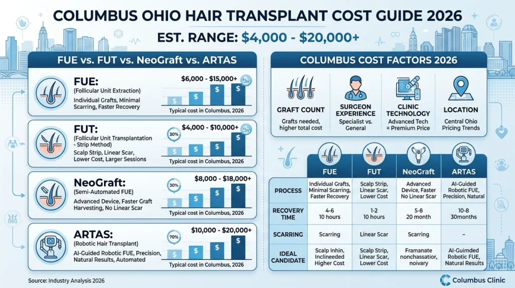 Hair transplant cost in Columbus Ohio 2026 showing FUE FUT NeoGraft ARTAS price comparison between 4000 and 20000 dollars