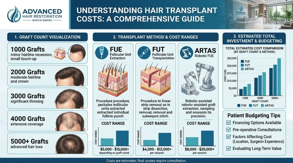 Hair transplant cost in Long Island NY based on graft count FUE FUT and robotic ARTAS procedures
