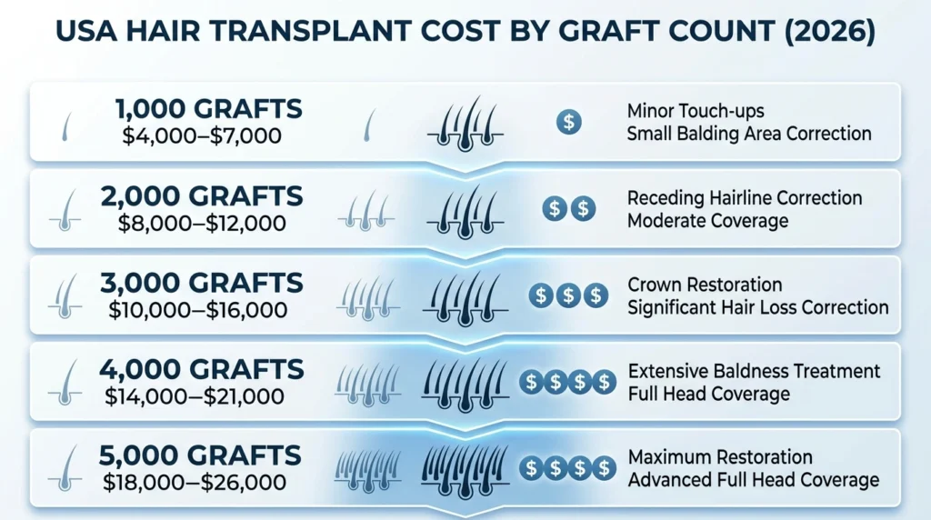 Hair transplant cost in the USA by graft count in 2026 showing average prices for 1000 to 5000 graft FUE procedures.