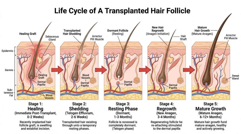 Hair transplant healing process during the first 14 days with redness, swelling, scabs, and graft healing