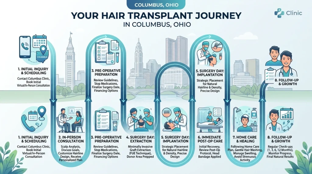 Hair transplant patient journey from consultation to surgery and recovery step by step process in Columbus Ohio clinics