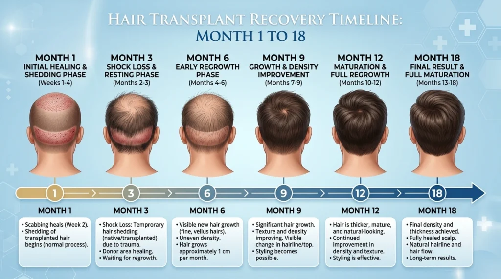 Hair transplant recovery timeline from month 1 to month 18 showing shedding regrowth density improvement and final results