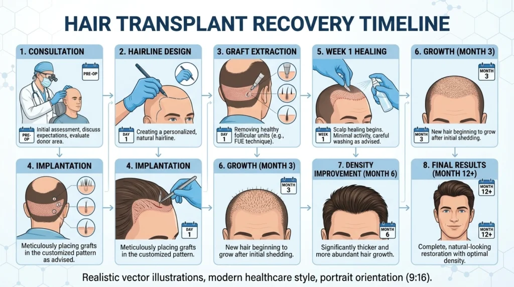 Hair transplant recovery timeline showing consultation, surgery, healing stages, and hair growth results over 12 months.