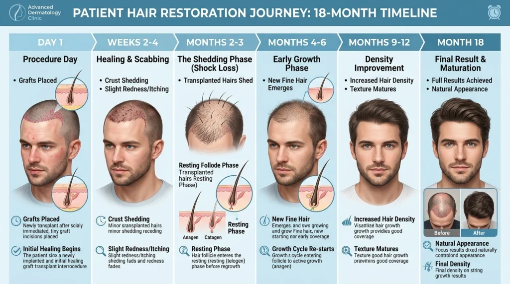 Hair transplant recovery timeline showing healing and hair growth from day one to month eighteen