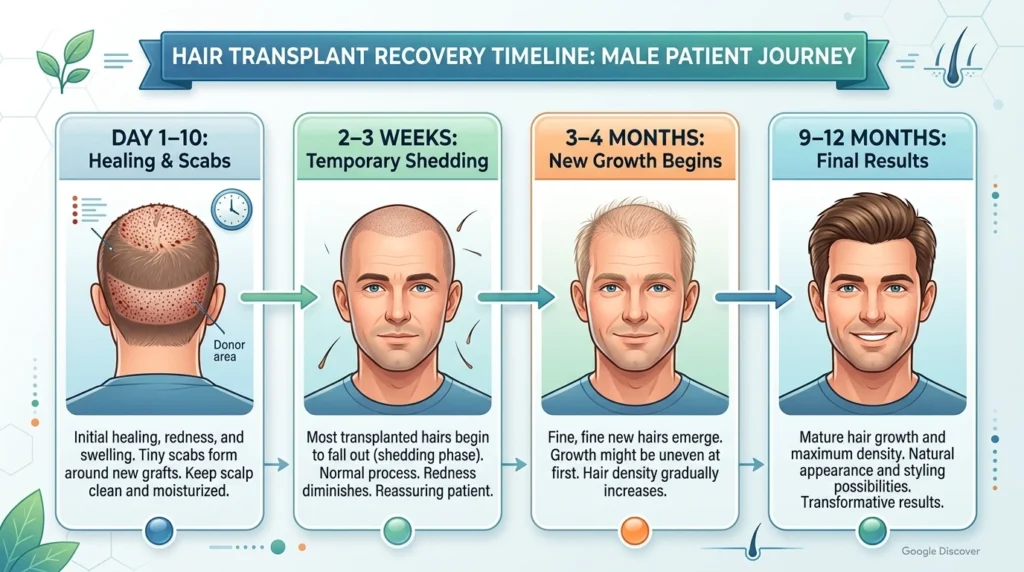Hair transplant recovery timeline showing healing, shedding, new growth, and final hair restoration results