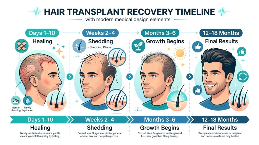Hair transplant recovery timeline showing healing, shedding, new hair growth, and final results from day one to eighteen months.