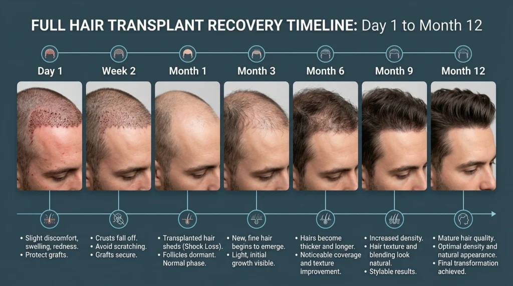 Hair transplant recovery timeline showing healing, shedding, regrowth, and final results from day one to 12 months after surgery.