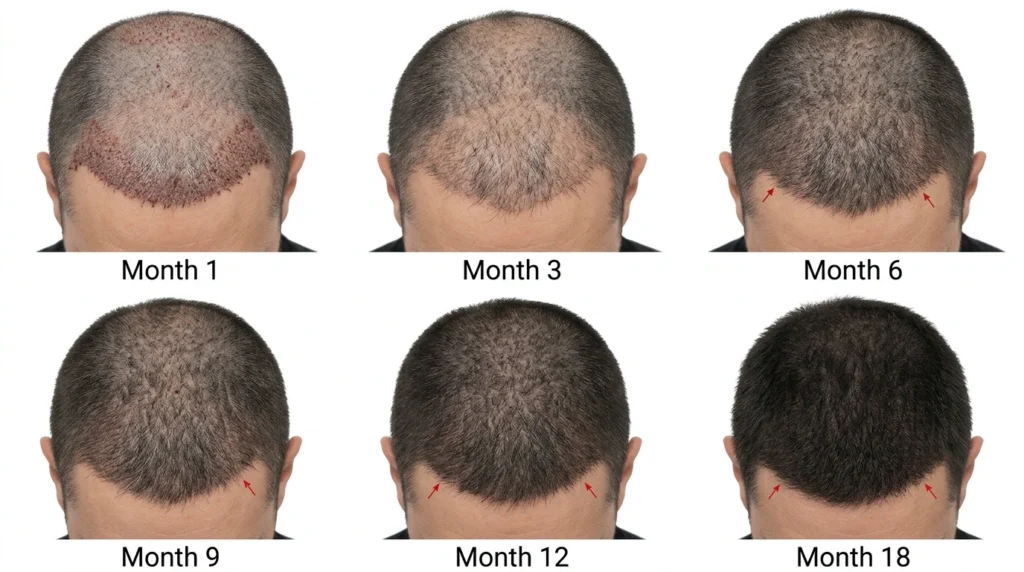 Hair transplant results showing significant hair density improvement between months 6 and 9