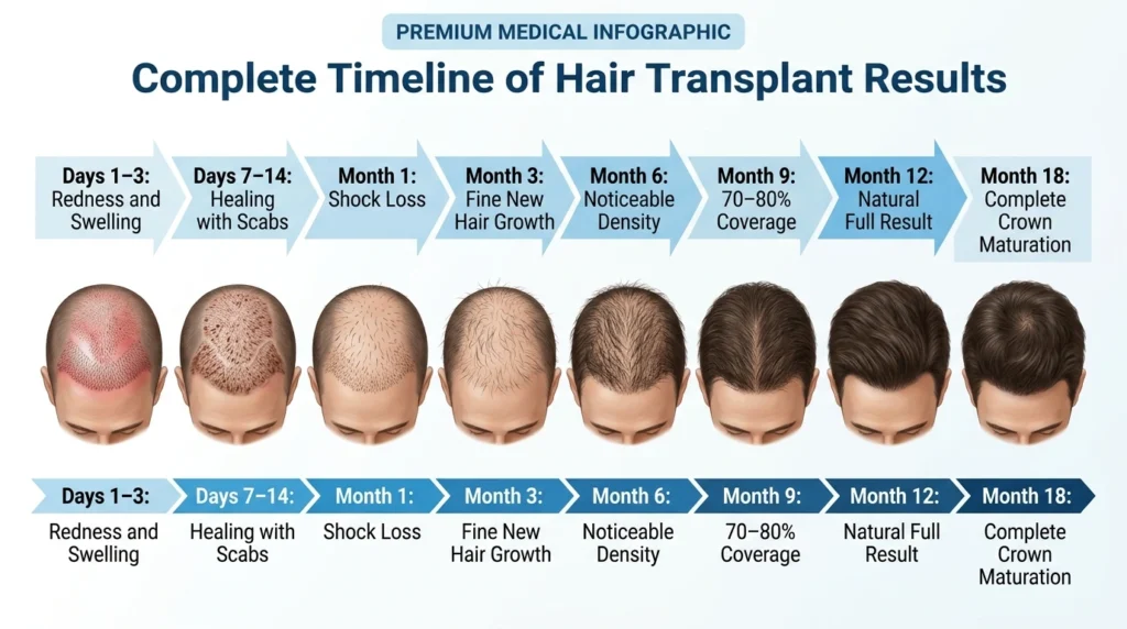 Hair transplant results timeline from Day 1 to Month 18 showing healing, shock loss, and hair growth