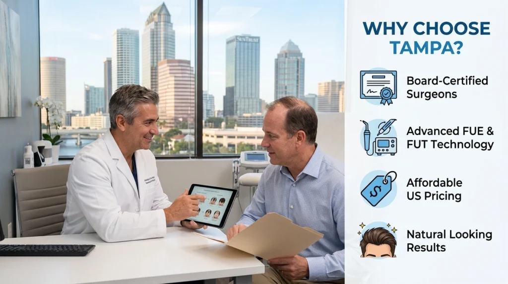Hair transplant surgeon consulting patient in Tampa clinic with advanced FUE technology and affordable hair restoration options 