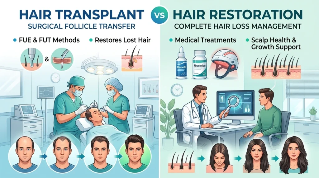 Hair transplant vs hair restoration comparison showing follicle transplant and complete hair loss treatment approach