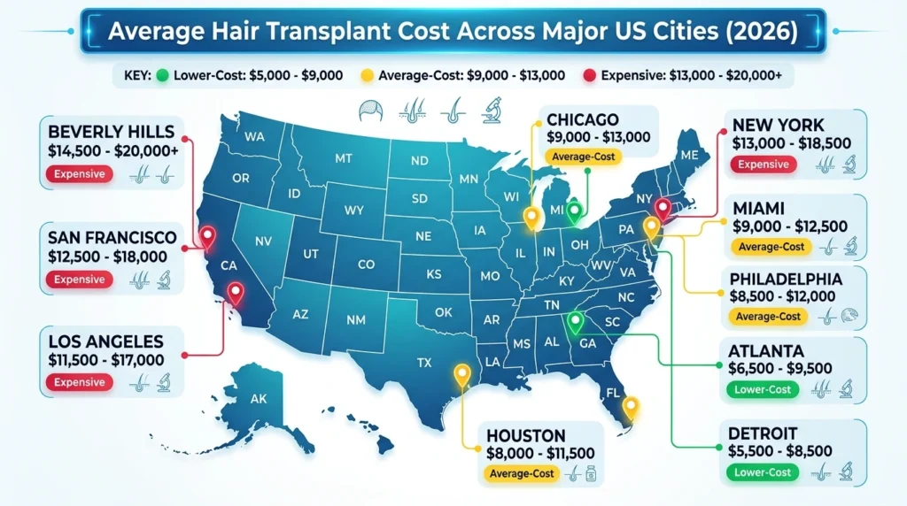 Infographic comparing average hair transplant costs across major US cities including New York, Houston, Chicago, Miami, and Beverly Hills.