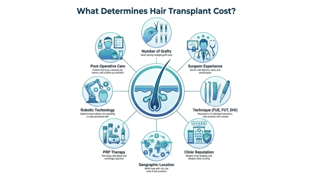 Infographic explaining the factors that influence hair transplant prices including graft count, clinic location, surgeon experience, and transplant technique.