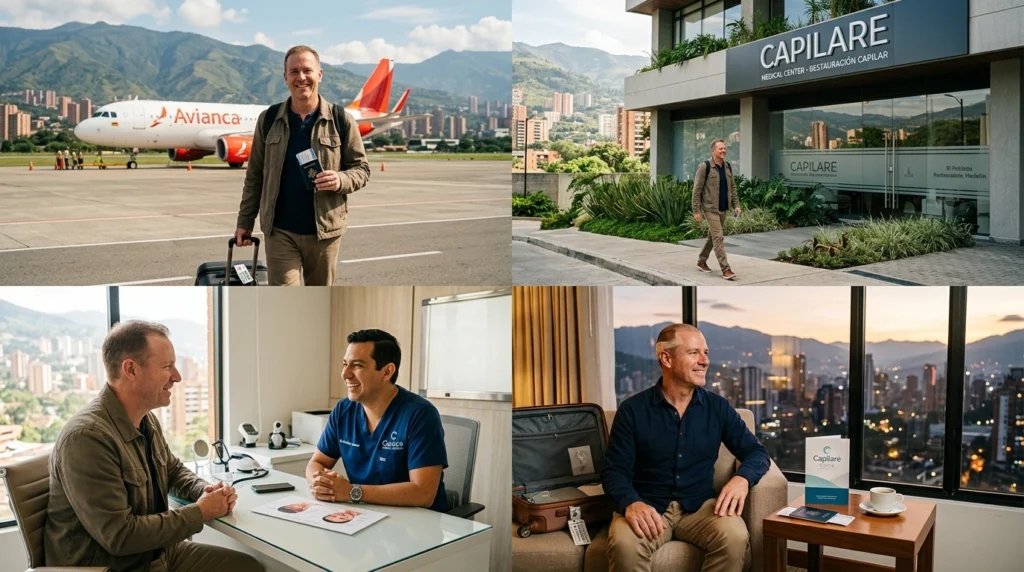 International patient traveling from USA to Colombia for hair transplant surgery with clinic consultation and Medellin skyline background