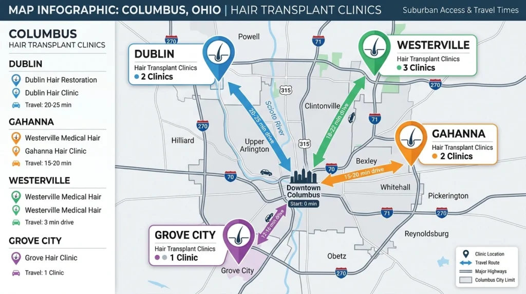 Map of Columbus Ohio showing hair transplant clinics in Dublin Gahanna Westerville Grove City and nearby suburbs travel distance guide
