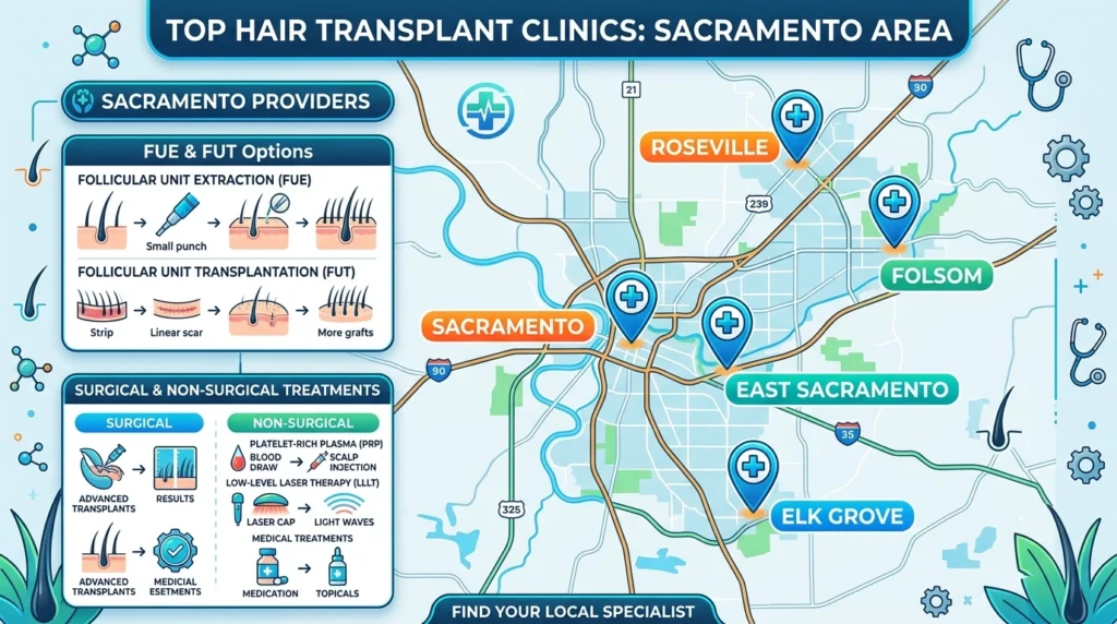 Map of Sacramento hair transplant clinics including Sacramento, Roseville, Folsom, Elk Grove, and East Sacramento locations.