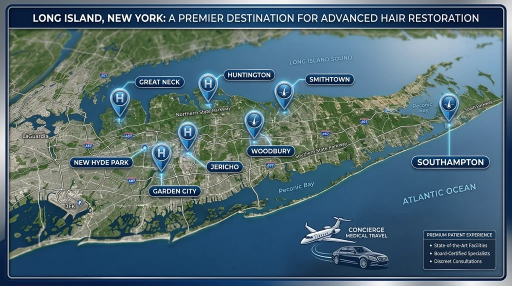 Map showing top hair transplant clinics across Long Island including Smithtown Woodbury Garden City and Great Neck