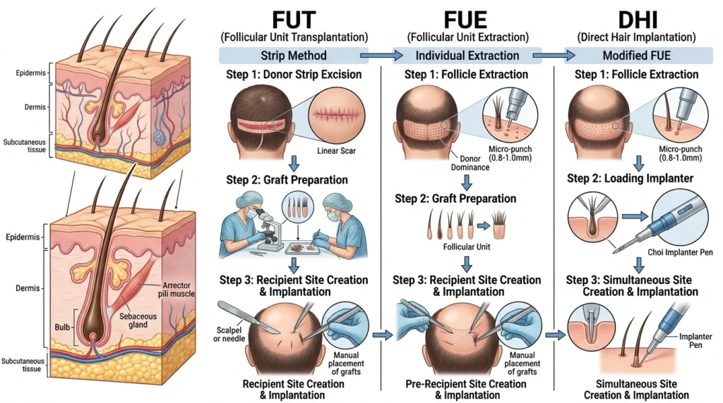 Medical illustration comparing FUE FUT and DHI hair transplant techniques showing scalp graft extraction and implantation differences
