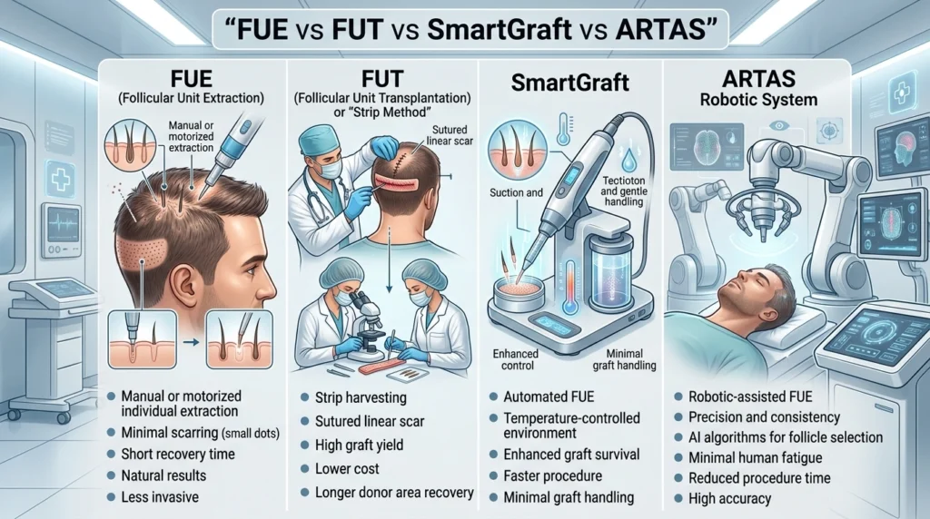 Medical illustration showing comparison of FUE FUT SmartGraft and ARTAS robotic hair transplant techniques in clinical environment