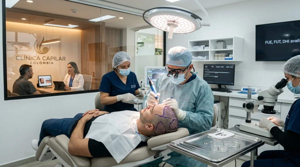 Modern Colombian hair transplant clinic interior with surgeon performing FUE procedure and international patient consultation