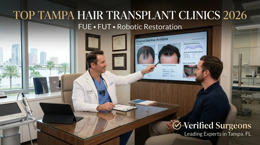 Modern Tampa hair transplant clinic with surgeon consultation, FUE procedure setup, and hair restoration technology