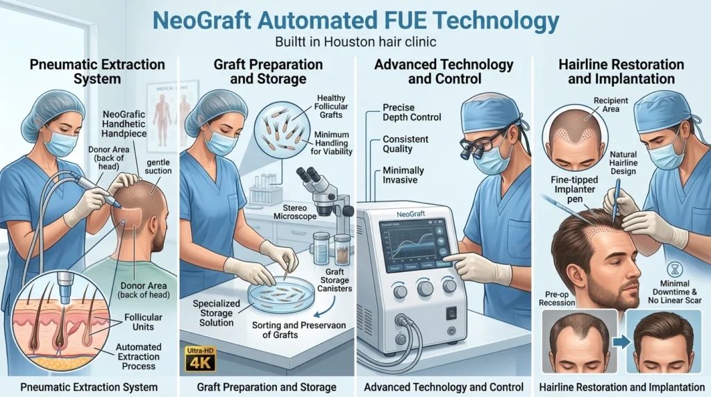 NeoGraft automated FUE hair transplant technology demonstrating follicle extraction and implantation in a Houston clinic.