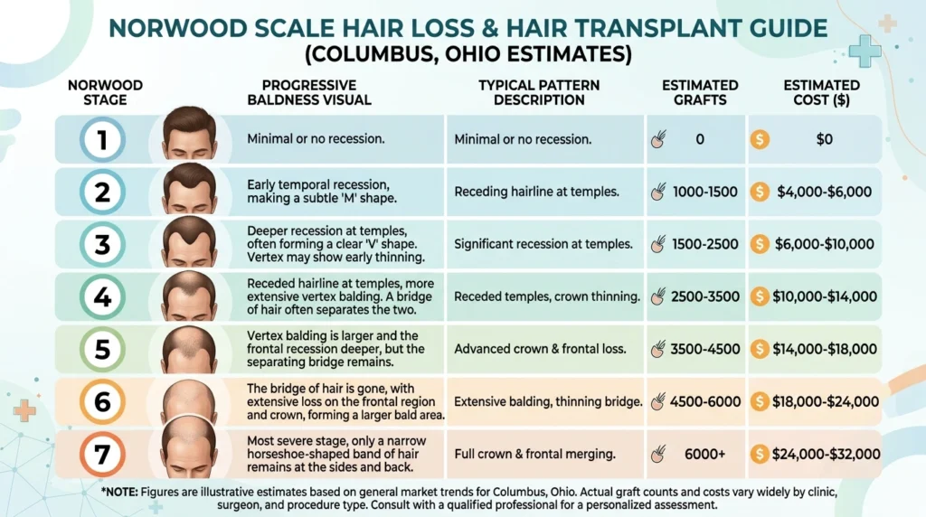 Norwood scale hair loss stages 1 to 7 showing graft requirements and hair transplant cost planning in Columbus Ohio