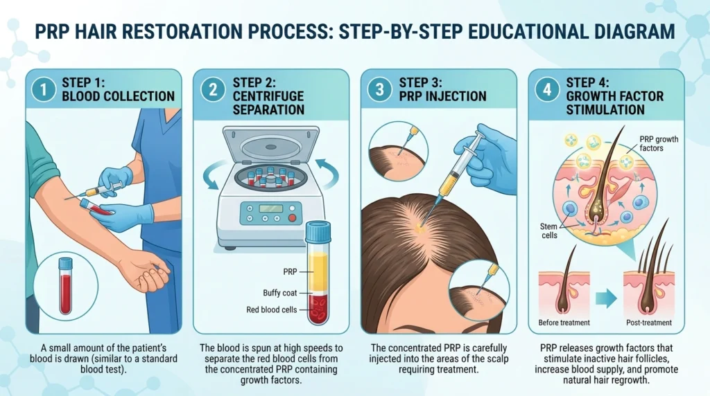PRP hair restoration process steps including blood draw centrifuge separation and scalp injection for hair growth treatment