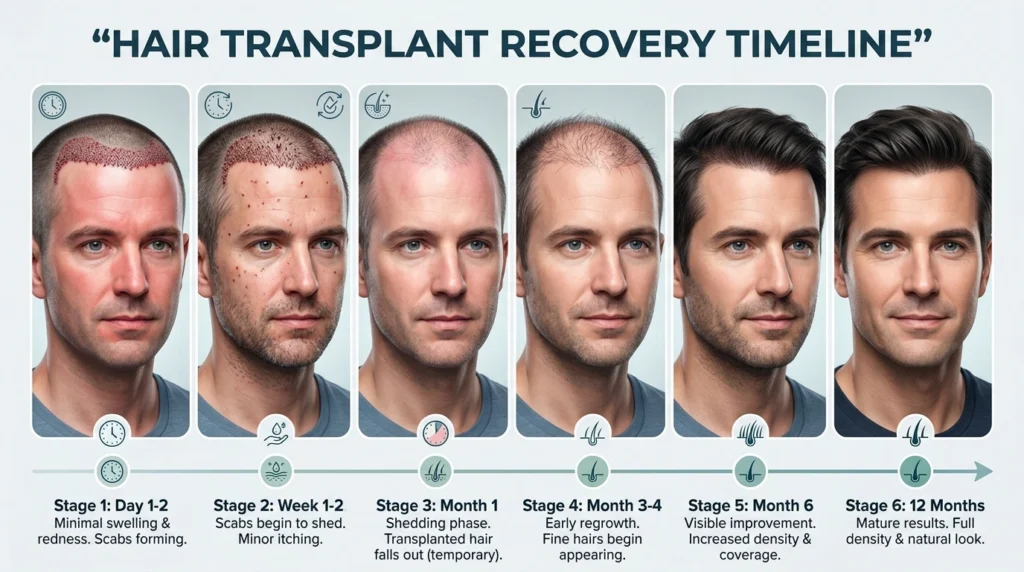 Step by step hair transplant recovery progression showing healing stages from day one to 12 months with natural hair growth development