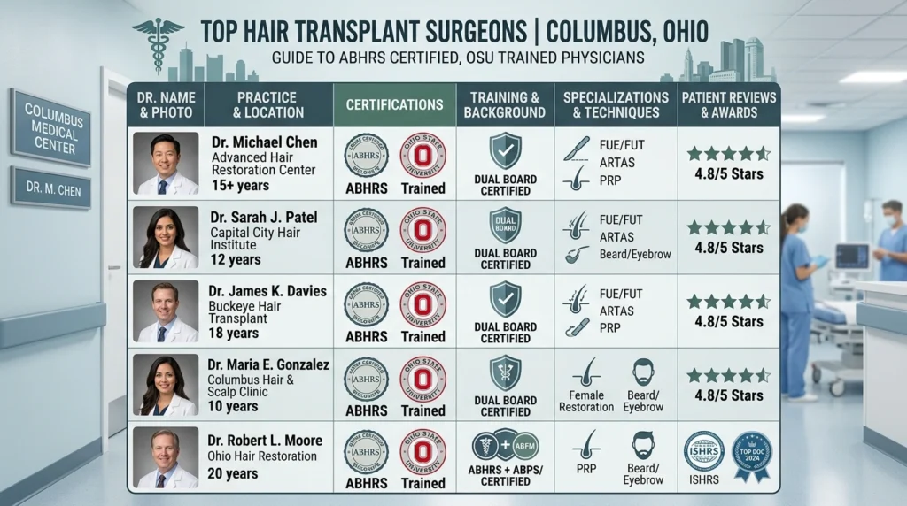 Top hair transplant surgeons in Columbus Ohio ABHRS certified OSU trained dual board certified doctors comparison chart