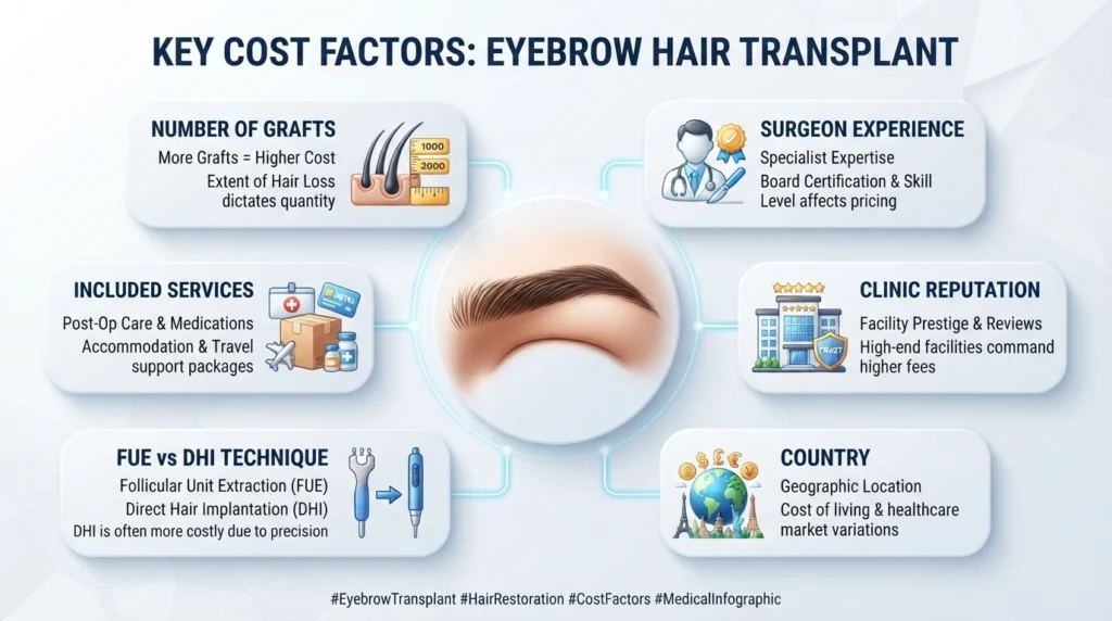 Average eyebrow transplant cost per graft in different countries with pricing comparison