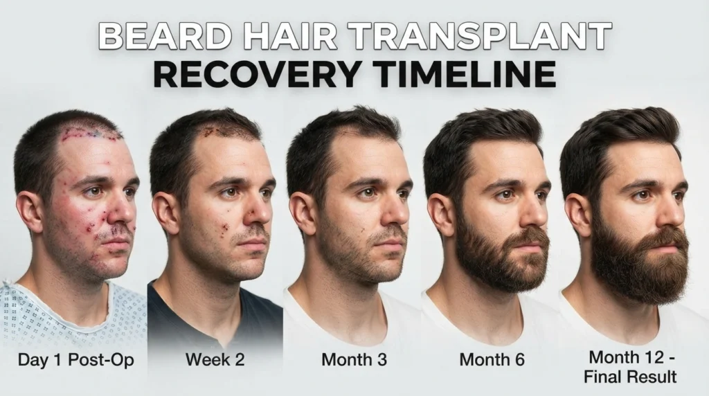 Beard hair transplant healing timeline showing recovery and natural beard growth from Day 1 to Month 12 after FUE surgery.