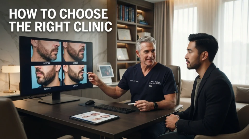 Board-certified beard hair transplant surgeon consulting with a patient inside a modern hair restoration clinic before surgery.